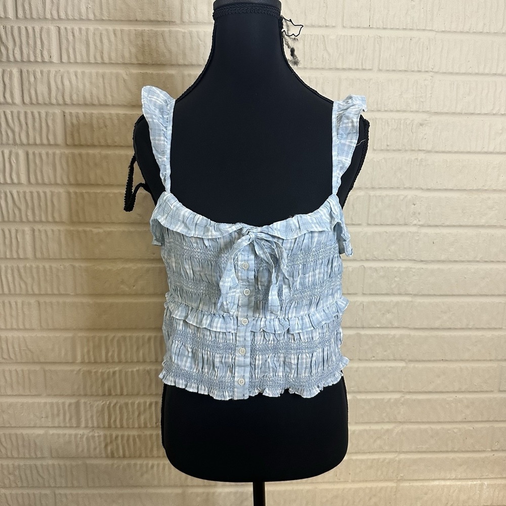 NWT American Eagle Smocked Cropped Ruffle Tank‎ Top Button Sz Small Festival